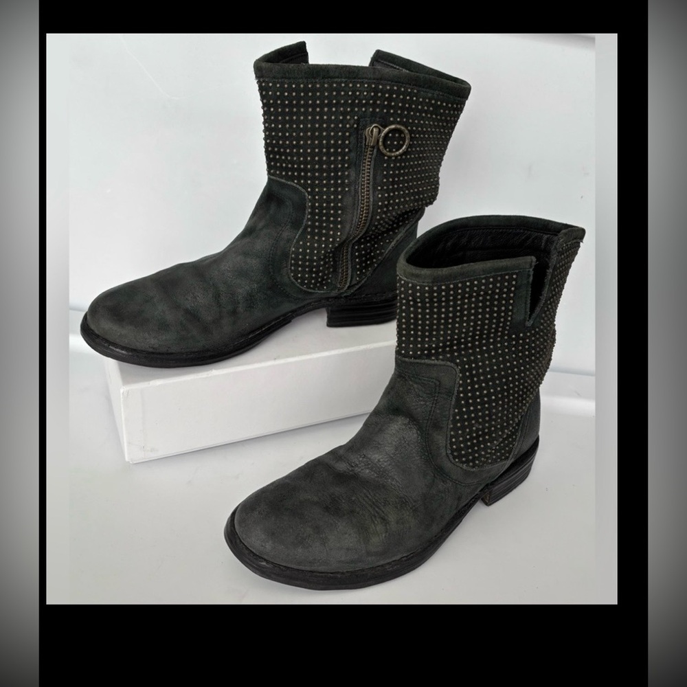 Fiorentini + Baker Eli Suede Boots Moto Studded in Grey/Black FB Size 37 = US 7